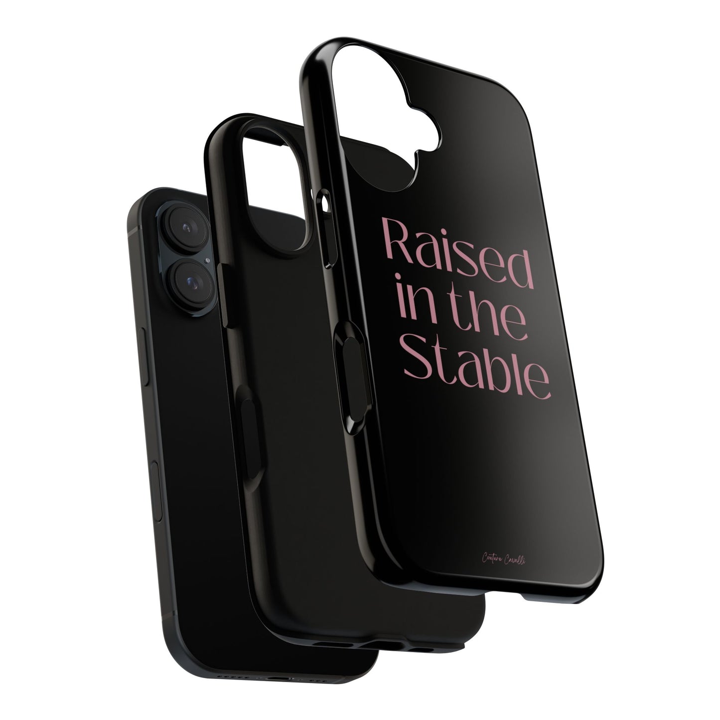 Raised in the Stable Phone Case — Black Protective Tough Case with Pink Script