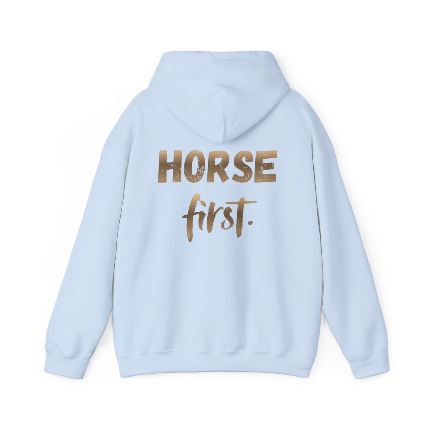 Horse First Hoodie — Equestrian White Pullover with 'Horse First.' Gold Script