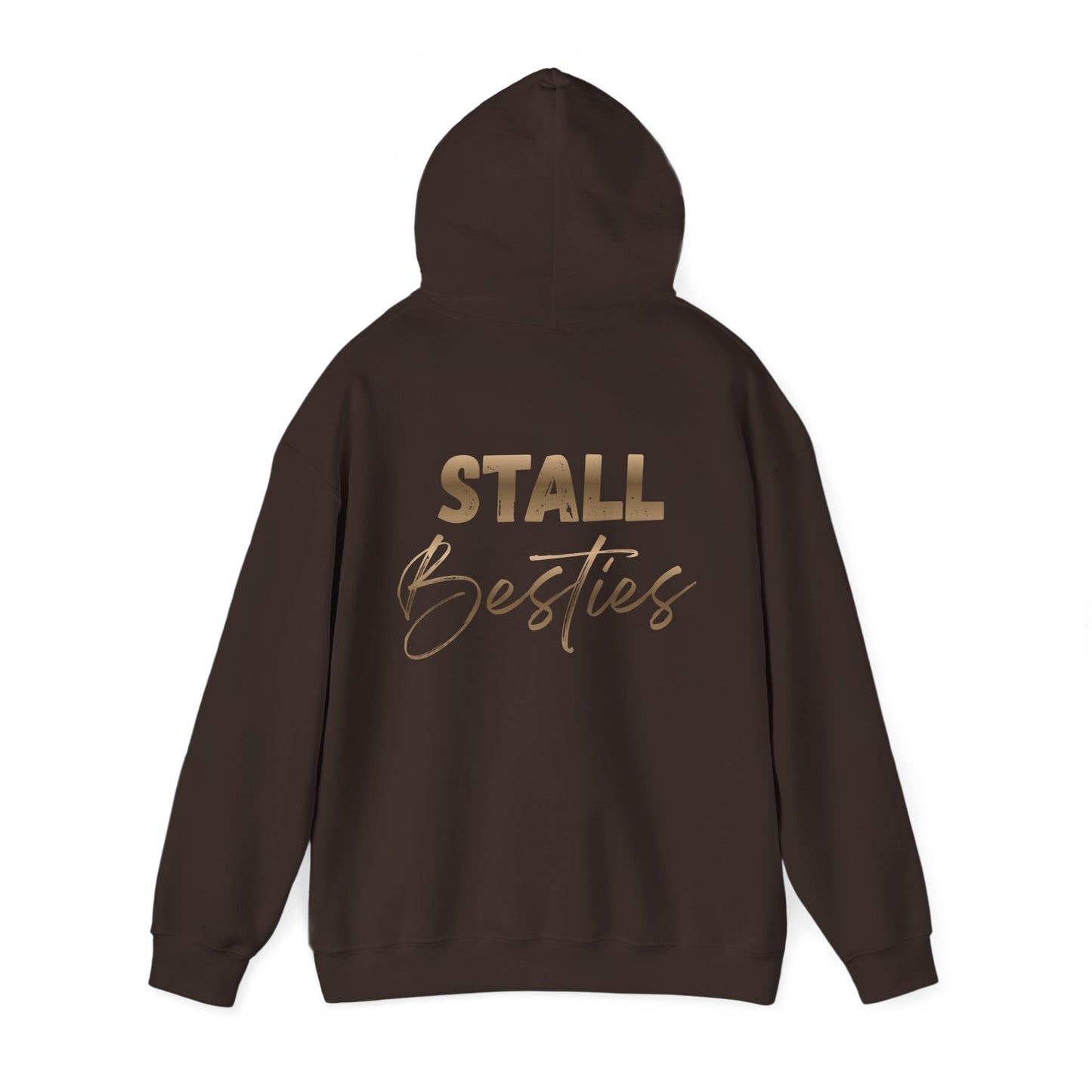 Stall Besties Hoodie — Cozy Friendship Pullover with Gold Script Back Design