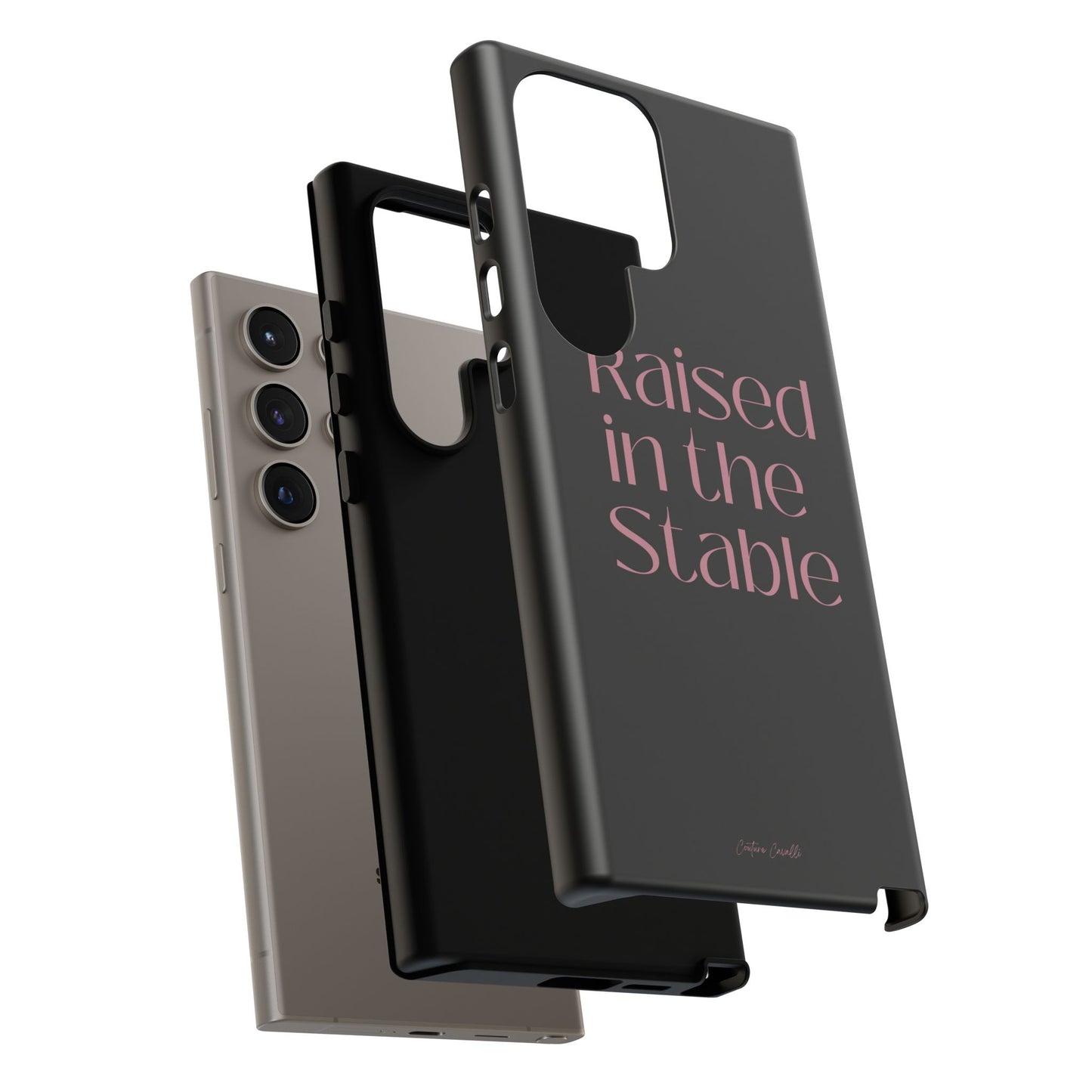 Raised in the Stable Phone Case — Black Protective Tough Case with Pink Script
