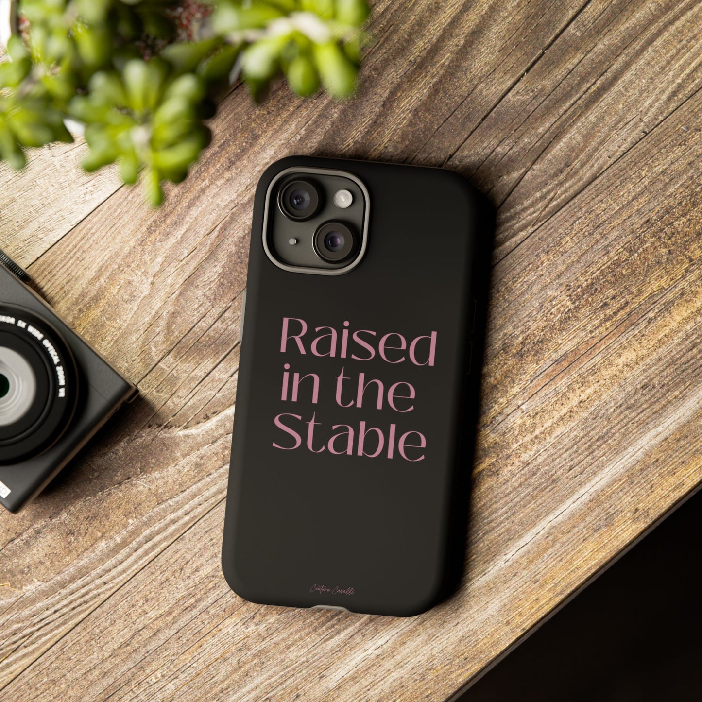Raised in the Stable Phone Case — Black Protective Tough Case with Pink Script