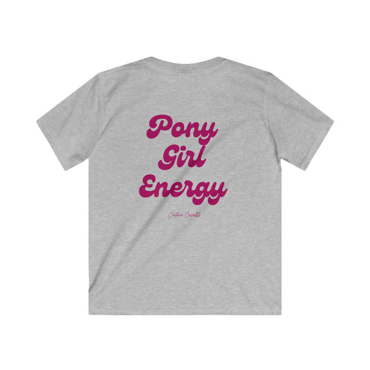 Kids Tee — "Pony Girl Energy" Retro Script Back Print, Cute Equestrian Shirt for Girls