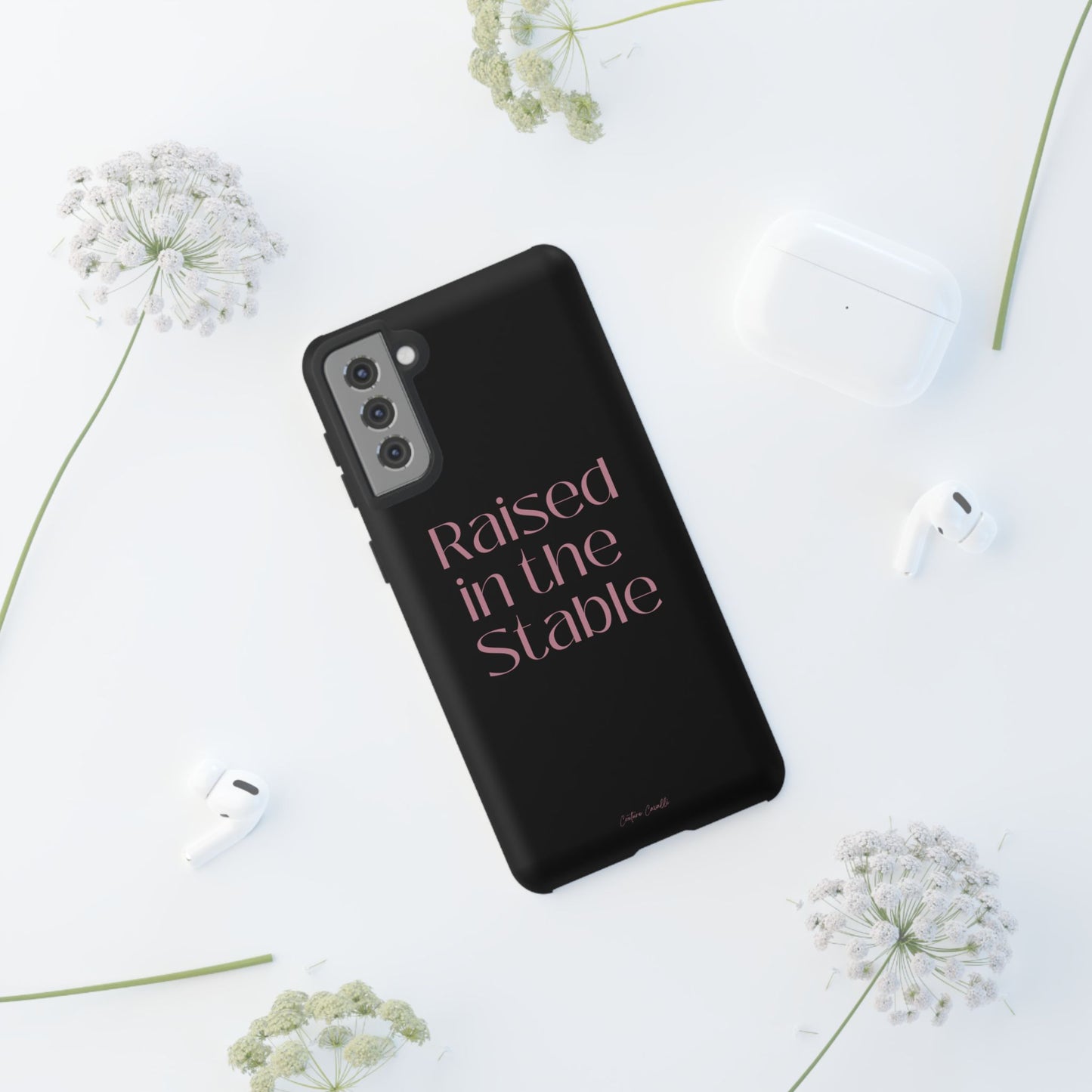 Raised in the Stable Phone Case — Black Protective Tough Case with Pink Script