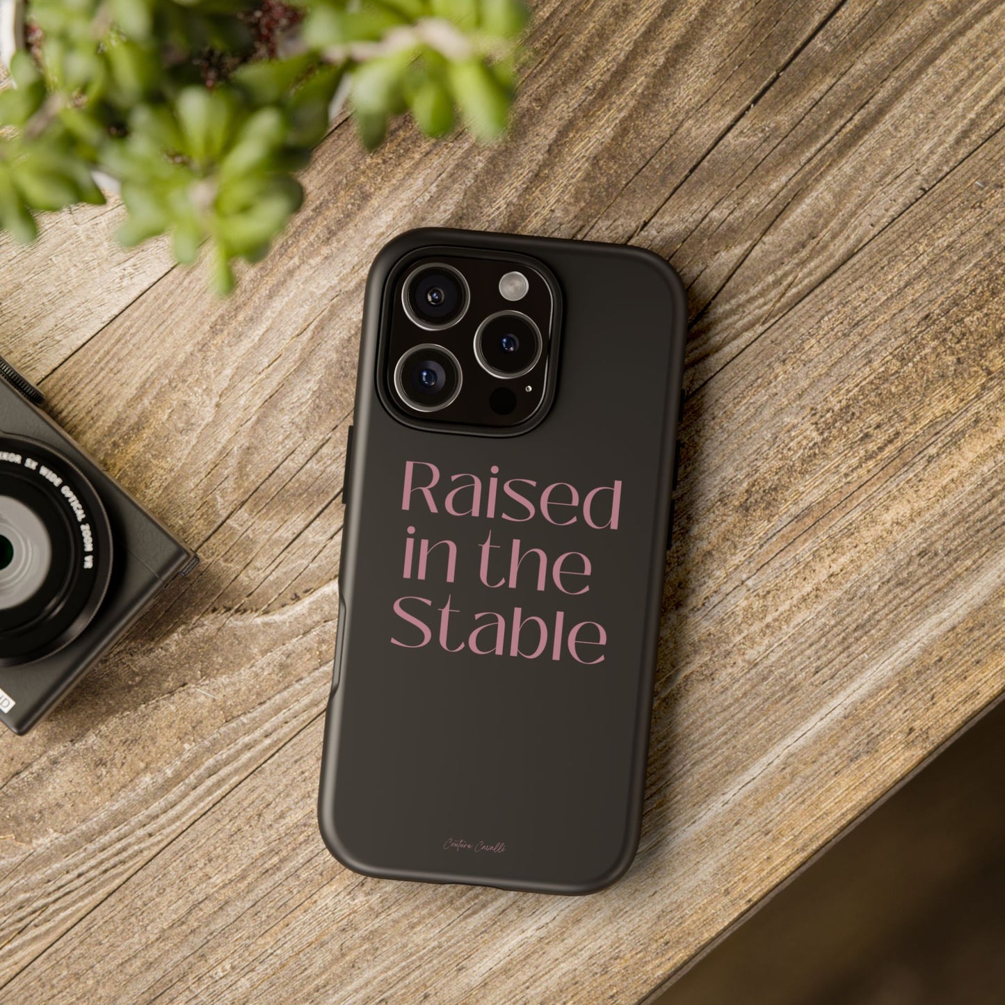 Raised in the Stable Phone Case — Black Protective Tough Case with Pink Script