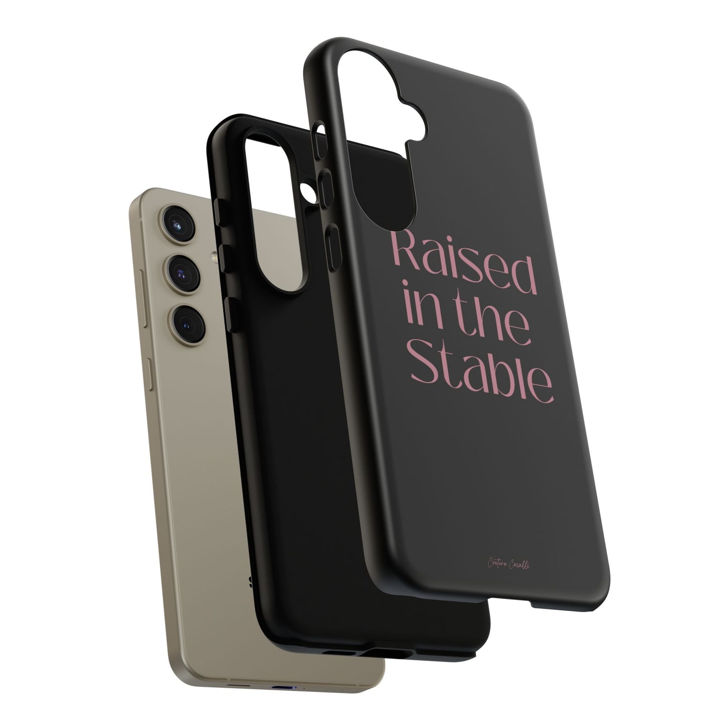 Raised in the Stable Phone Case — Black Protective Tough Case with Pink Script