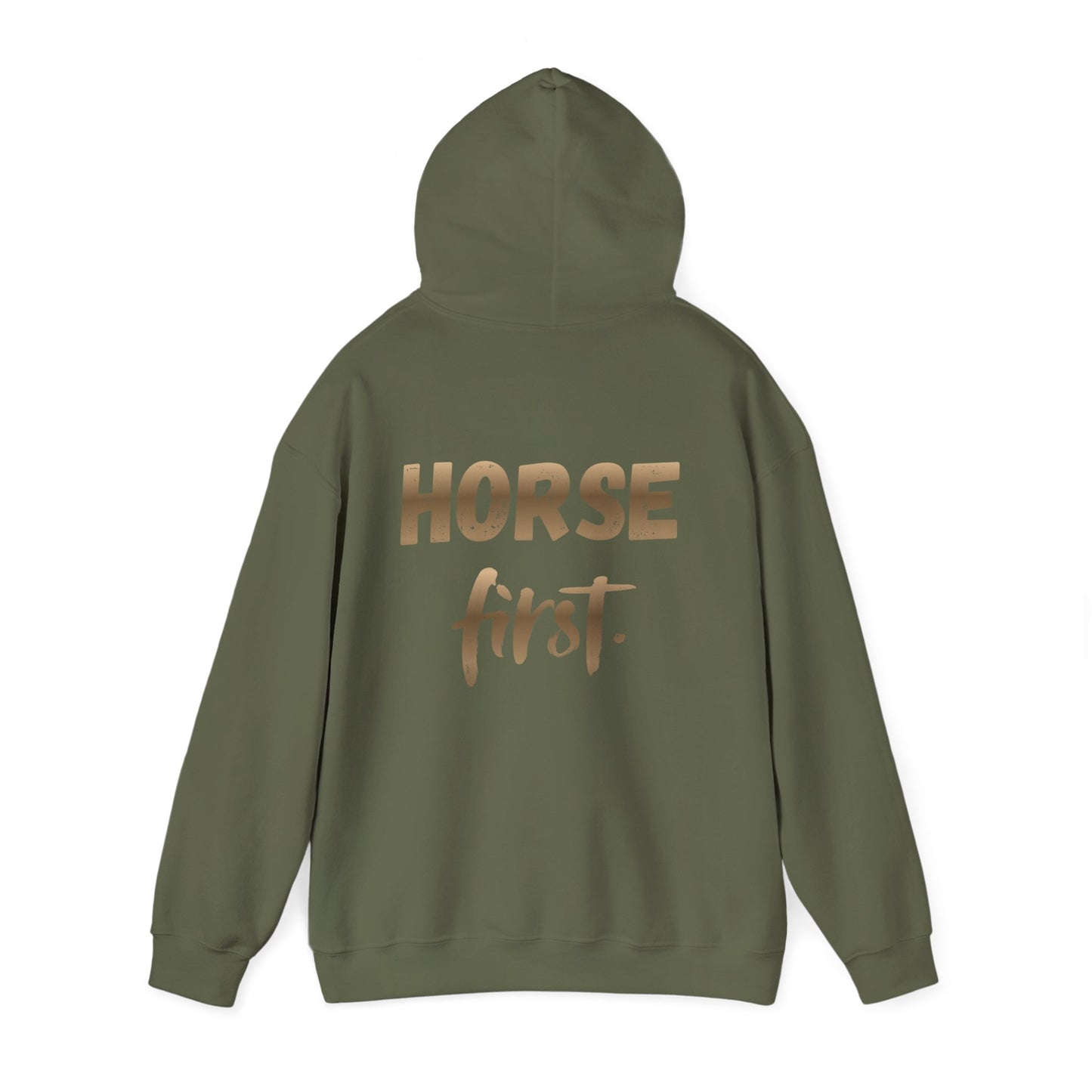 Horse First Hoodie — Equestrian White Pullover with 'Horse First.' Gold Script