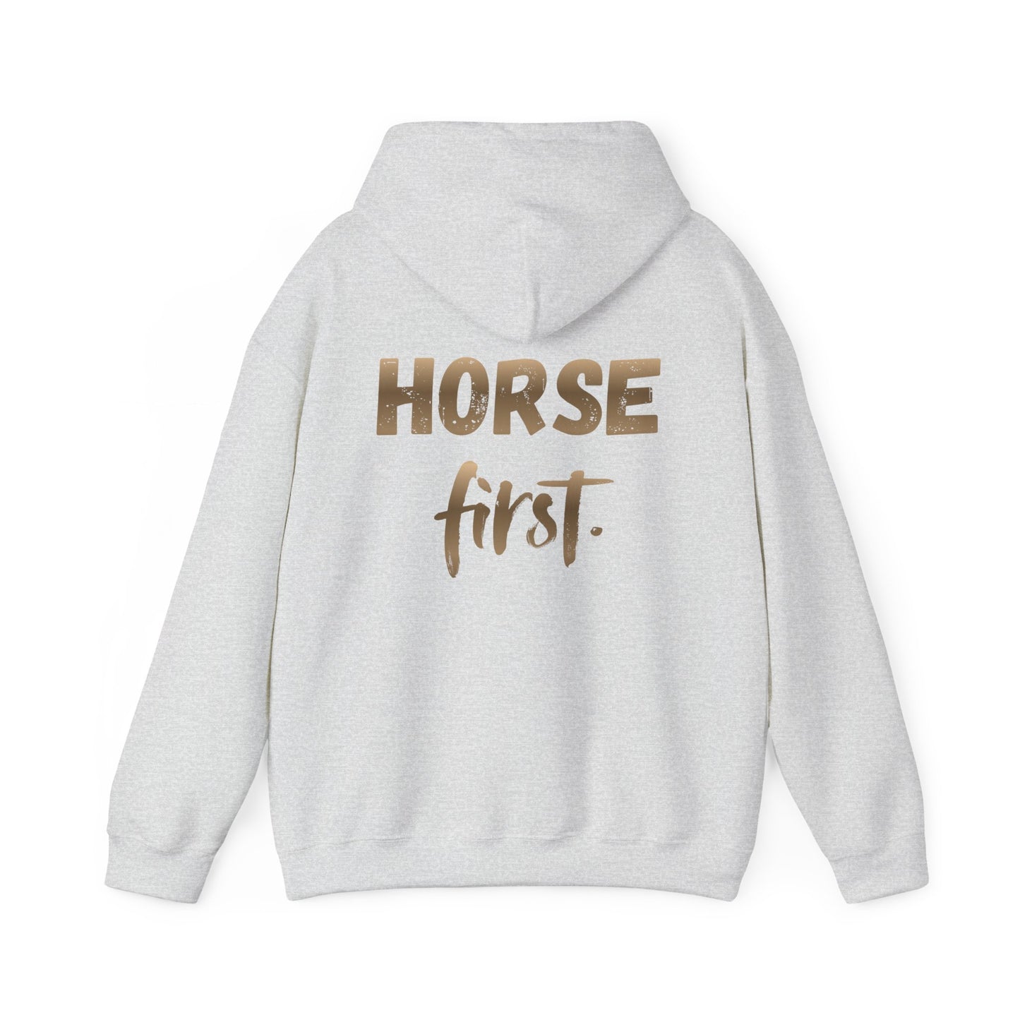 Horse First Hoodie — Equestrian White Pullover with 'Horse First.' Gold Script