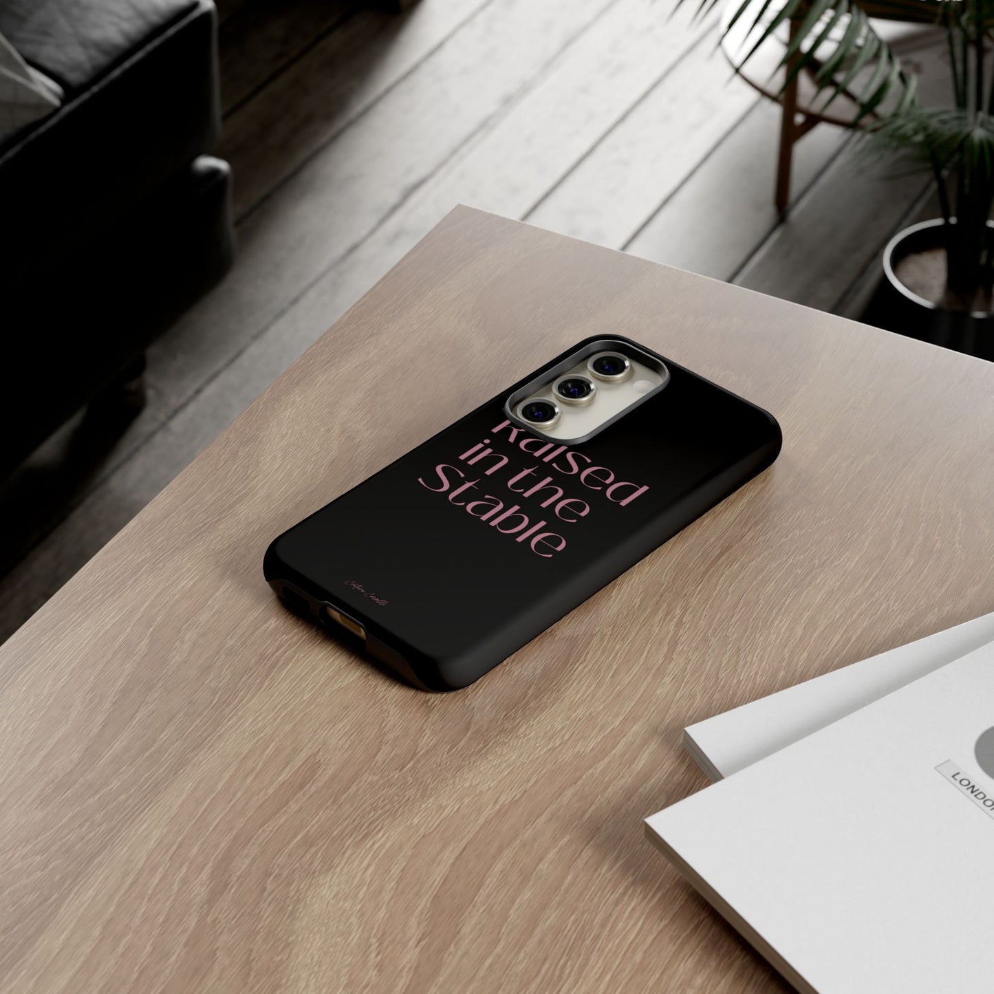 Raised in the Stable Phone Case — Black Protective Tough Case with Pink Script