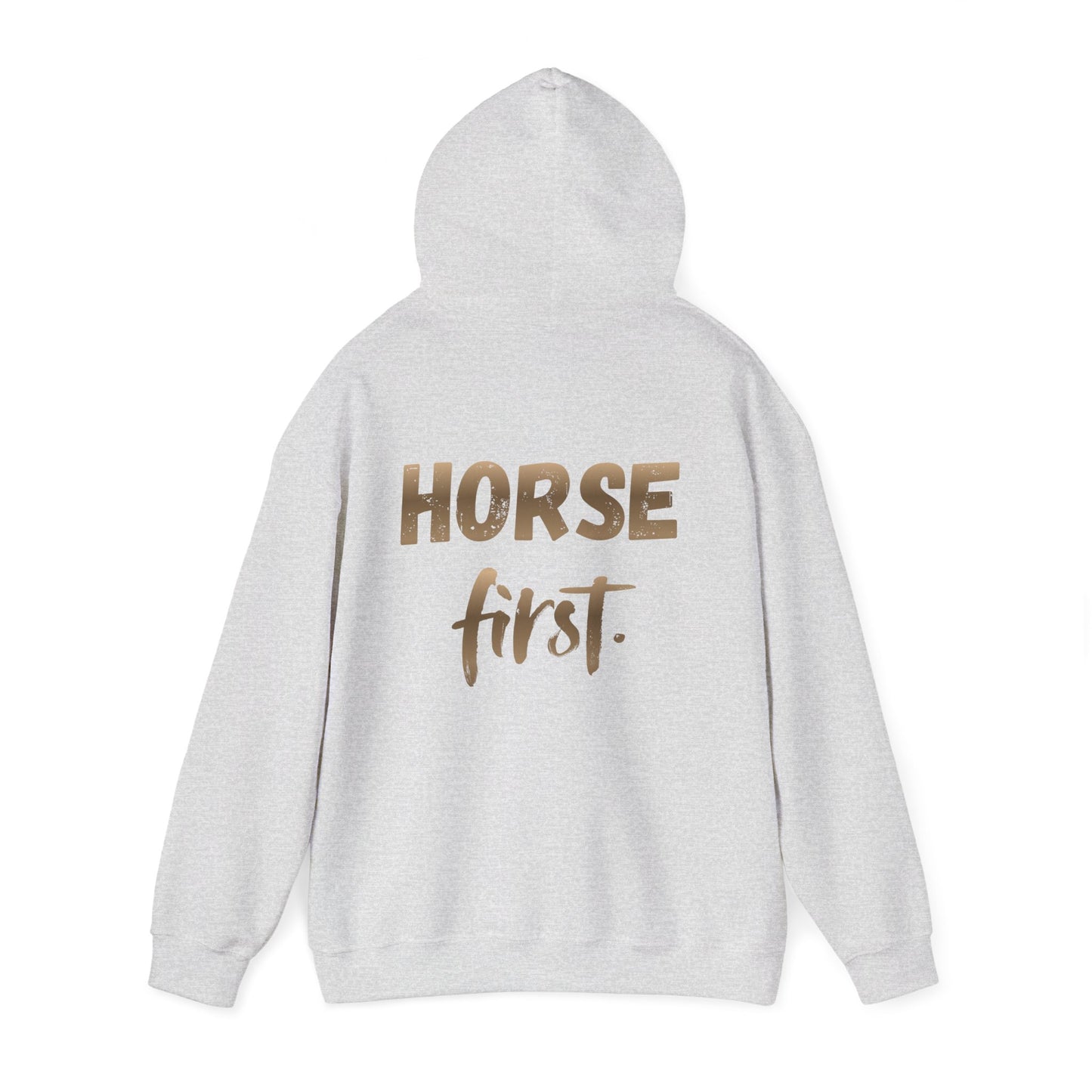 Horse First Hoodie — Equestrian White Pullover with 'Horse First.' Gold Script