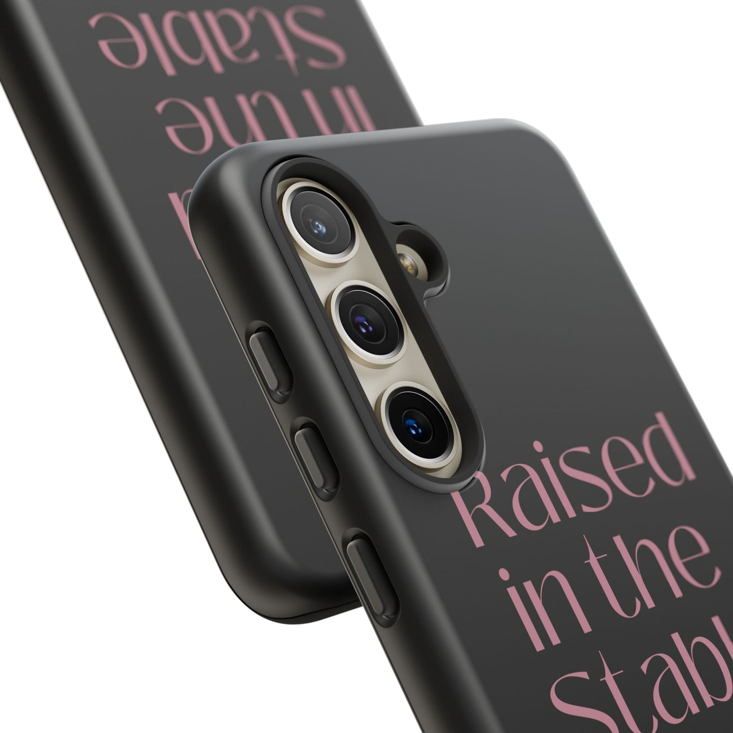 Raised in the Stable Phone Case — Black Protective Tough Case with Pink Script