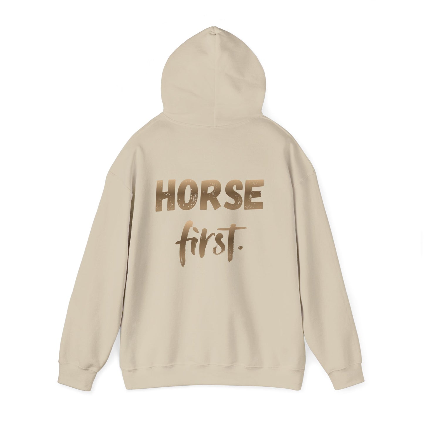 Horse First Hoodie — Equestrian White Pullover with 'Horse First.' Gold Script