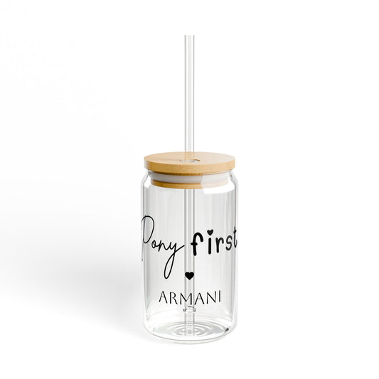 Personalisiertes Pony First Trinkglas mit Pferdenamen - Glas mit Bambusdeckel & Strohhalm für Pferdemädchen