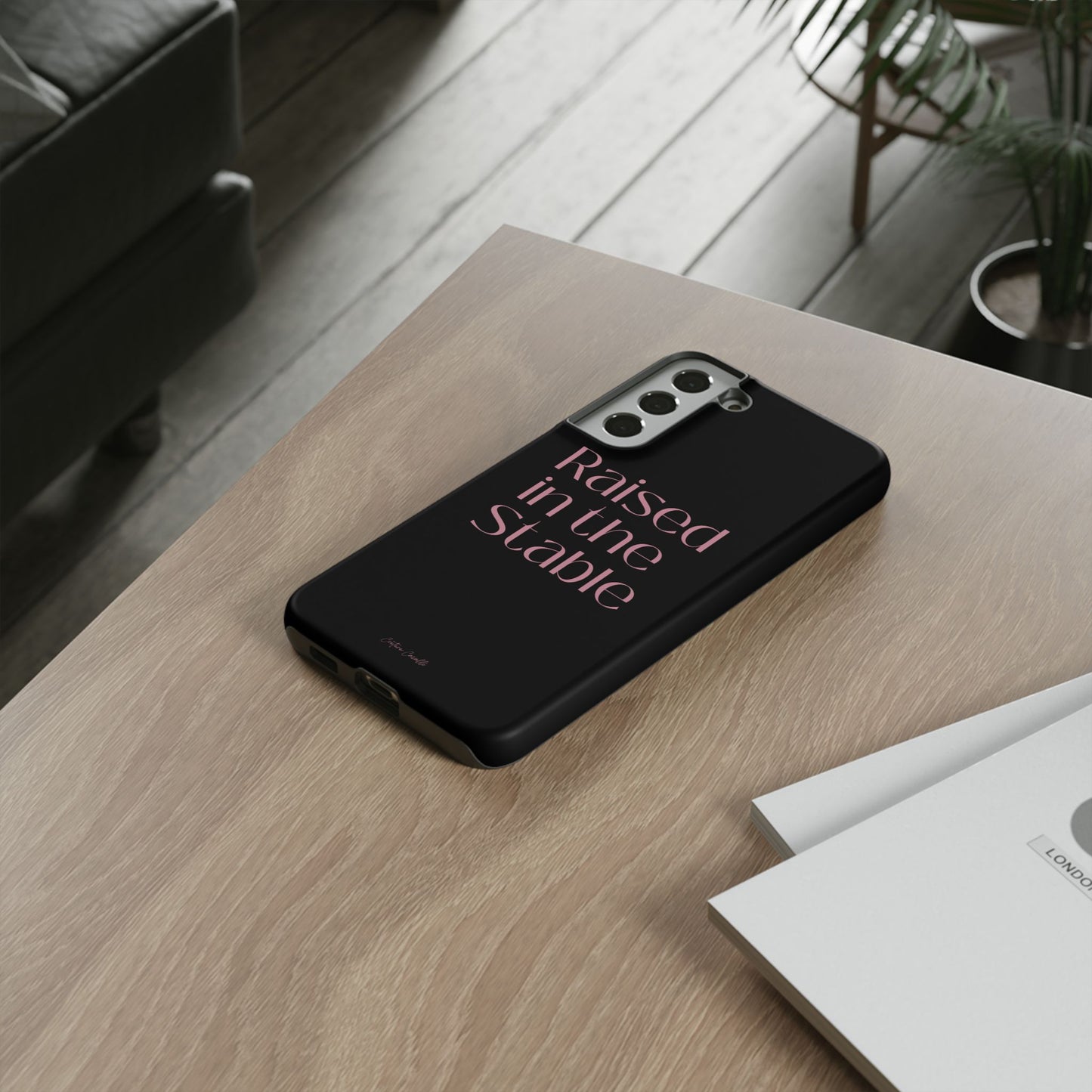 Raised in the Stable Phone Case — Black Protective Tough Case with Pink Script