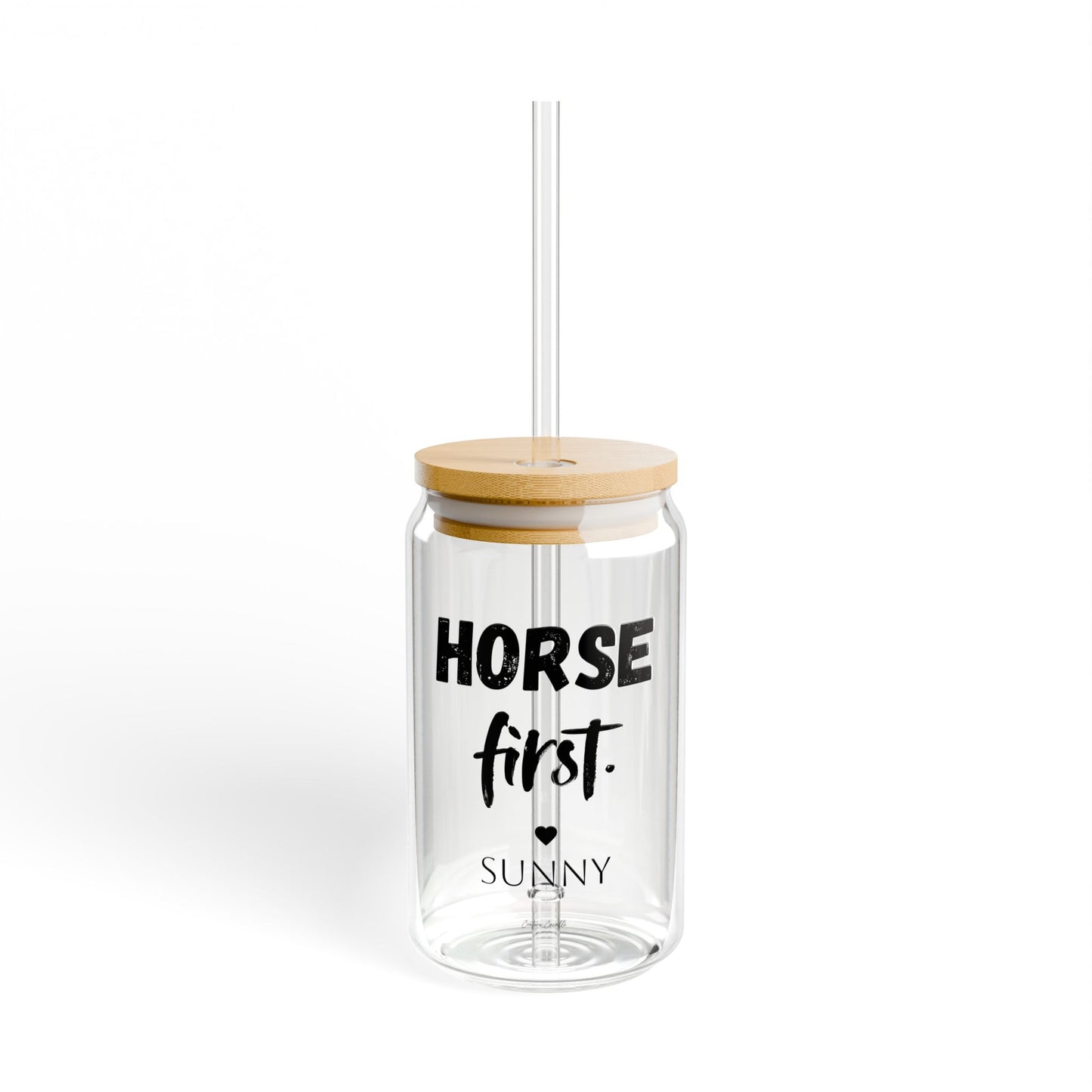 Personalisiertes Horse first Trinkglas mit Pferdenamen - Glas mit Bambusdeckel & Strohhalm für Pferdeliebhaber