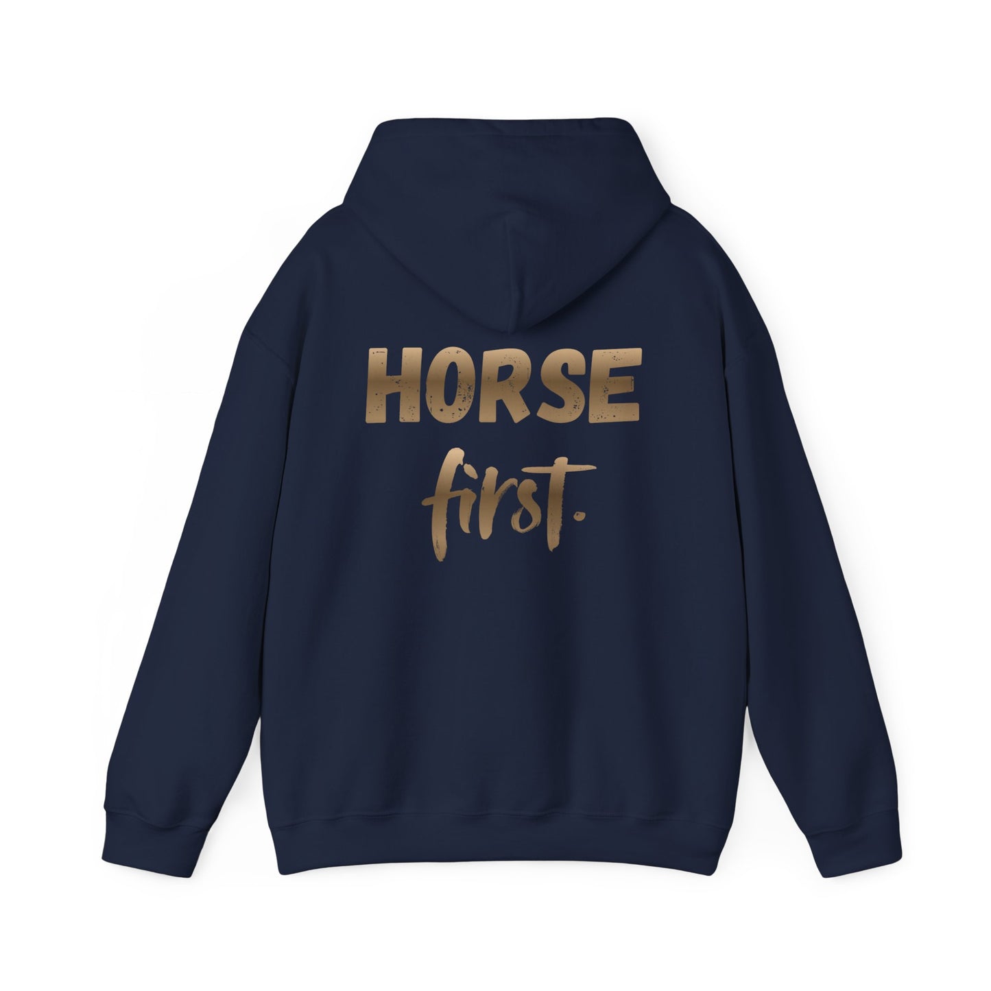 Horse First Hoodie — Equestrian White Pullover with 'Horse First.' Gold Script