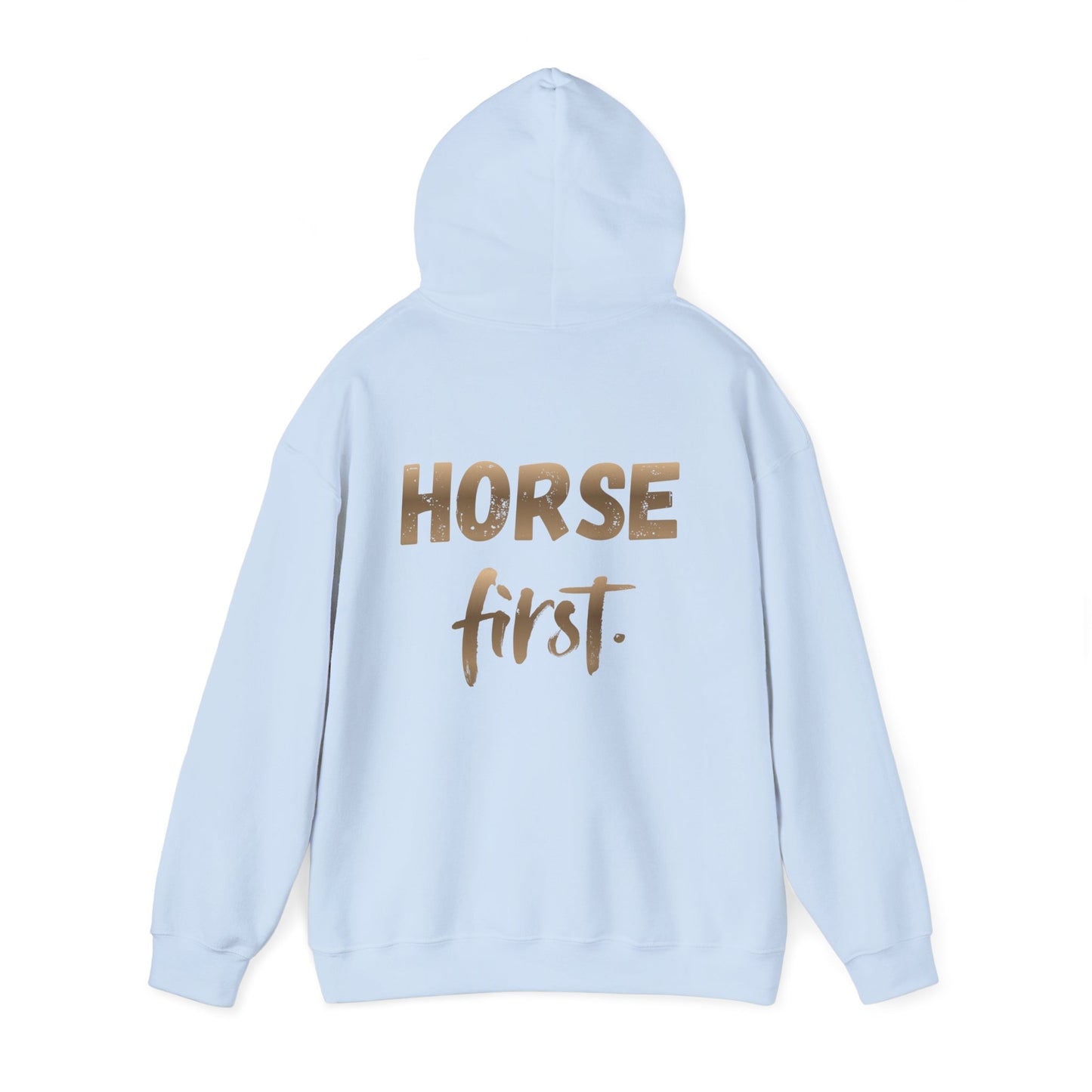 Horse First Hoodie — Equestrian White Pullover with 'Horse First.' Gold Script