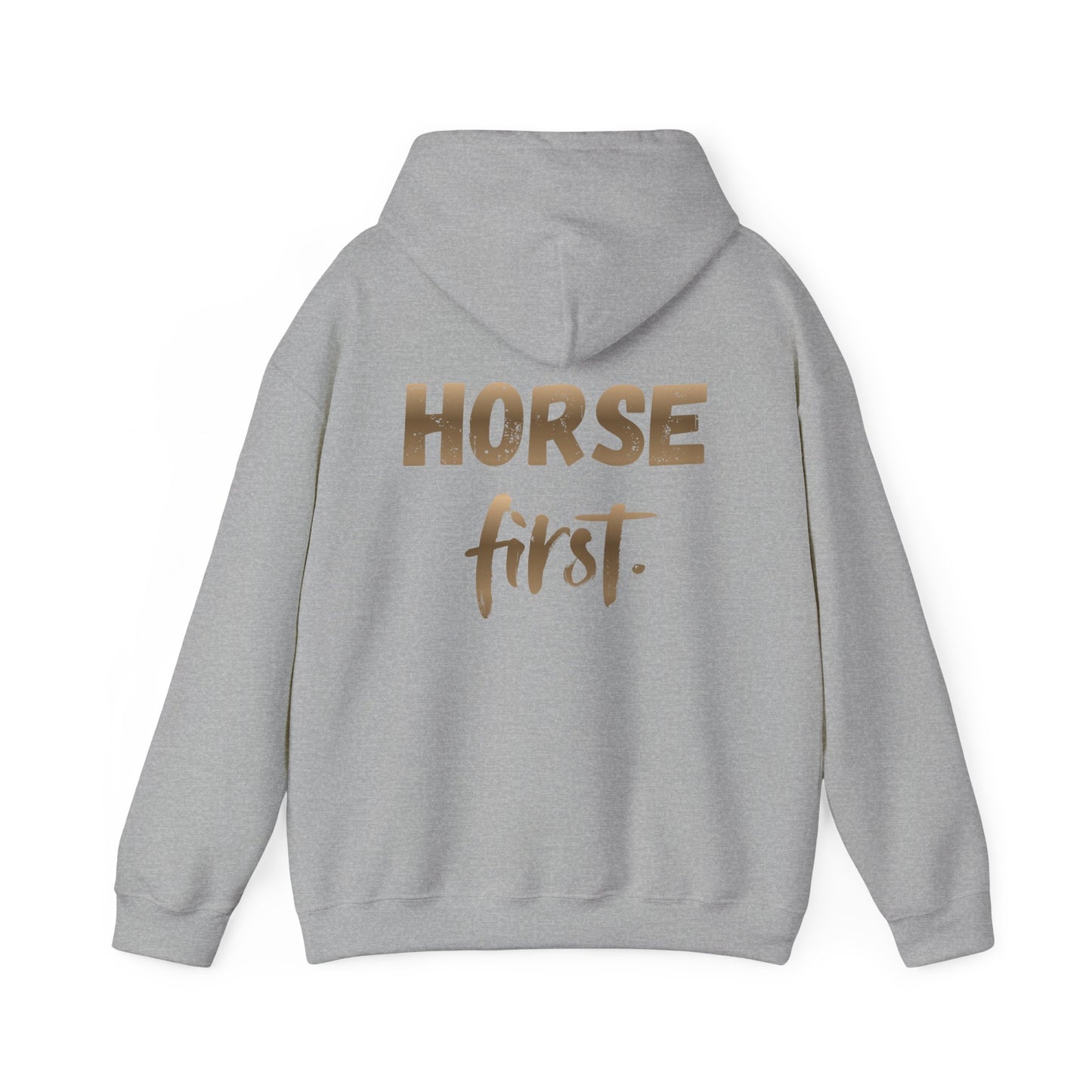 Horse First Hoodie — Equestrian White Pullover with 'Horse First.' Gold Script