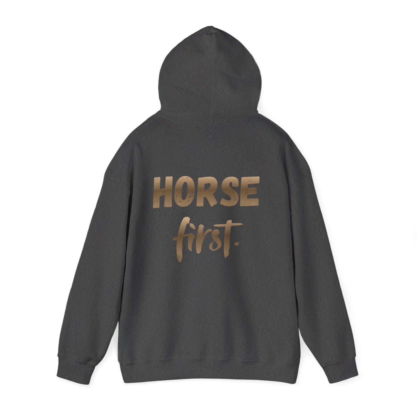 Horse First Hoodie — Equestrian White Pullover with 'Horse First.' Gold Script
