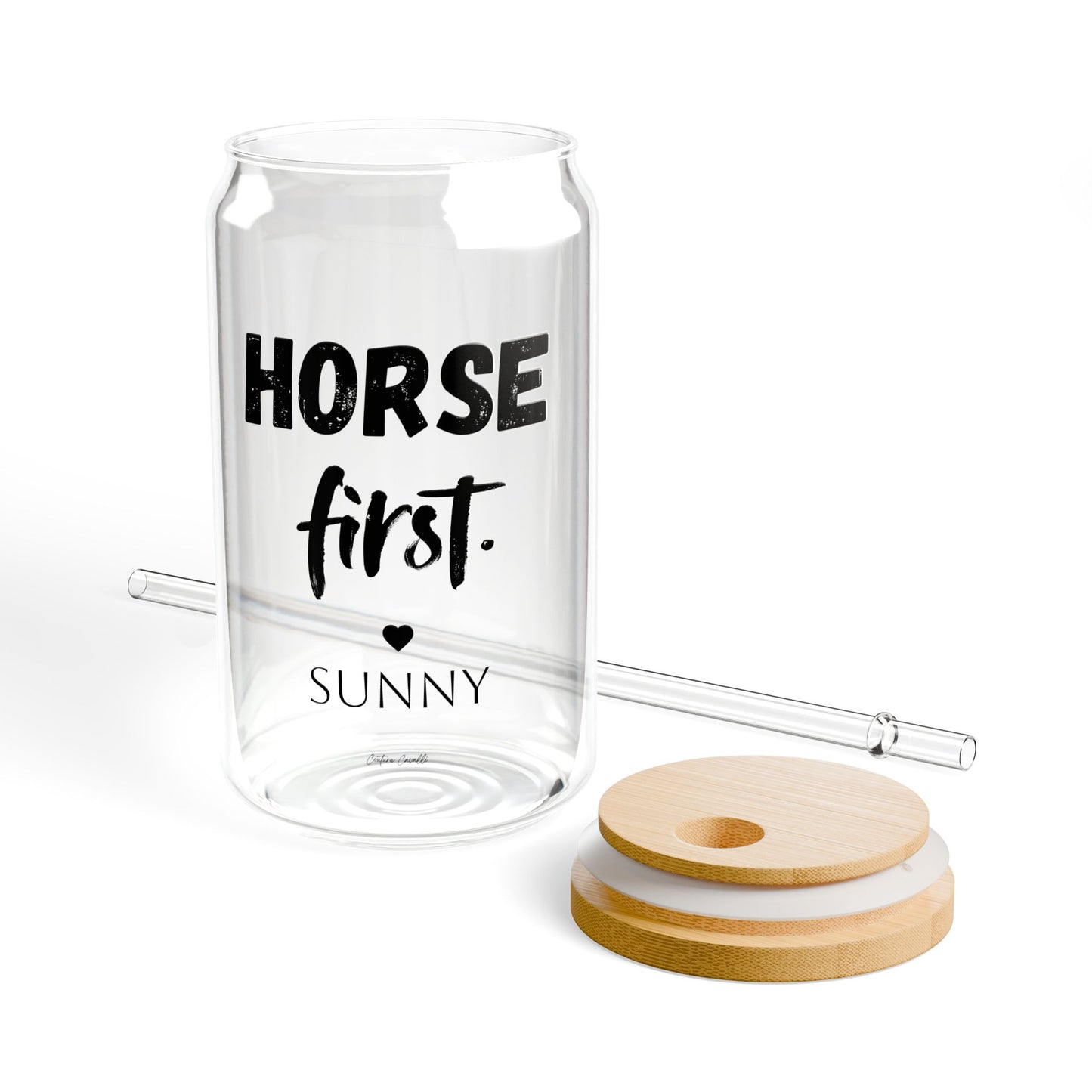 Personalisiertes Horse first Trinkglas mit Pferdenamen - Glas mit Bambusdeckel & Strohhalm für Pferdeliebhaber