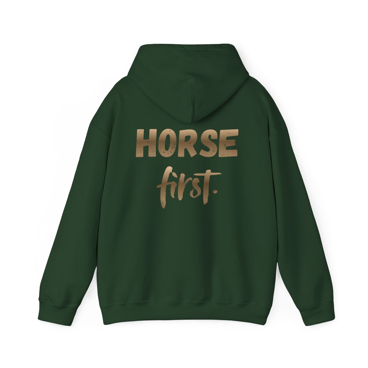 Horse First Hoodie — Equestrian White Pullover with 'Horse First.' Gold Script