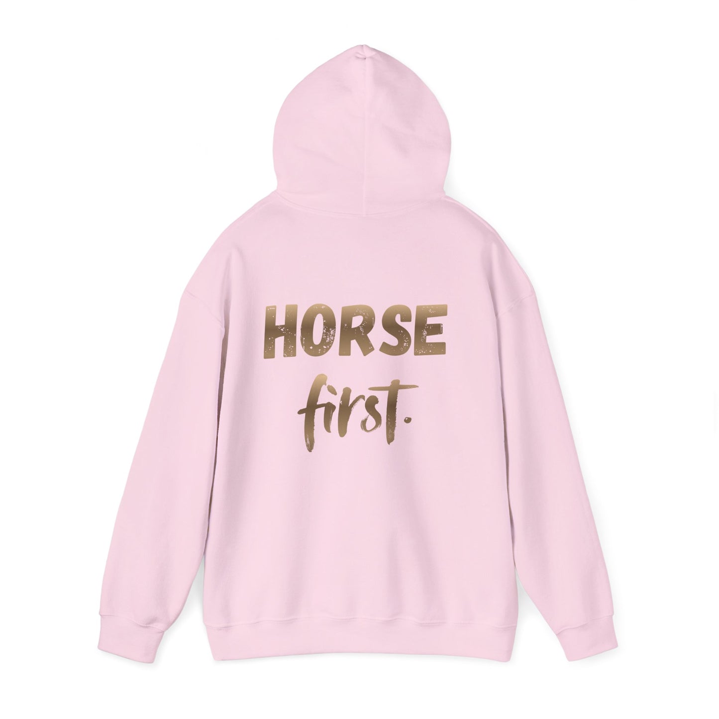 Horse First Hoodie — Equestrian White Pullover with 'Horse First.' Gold Script