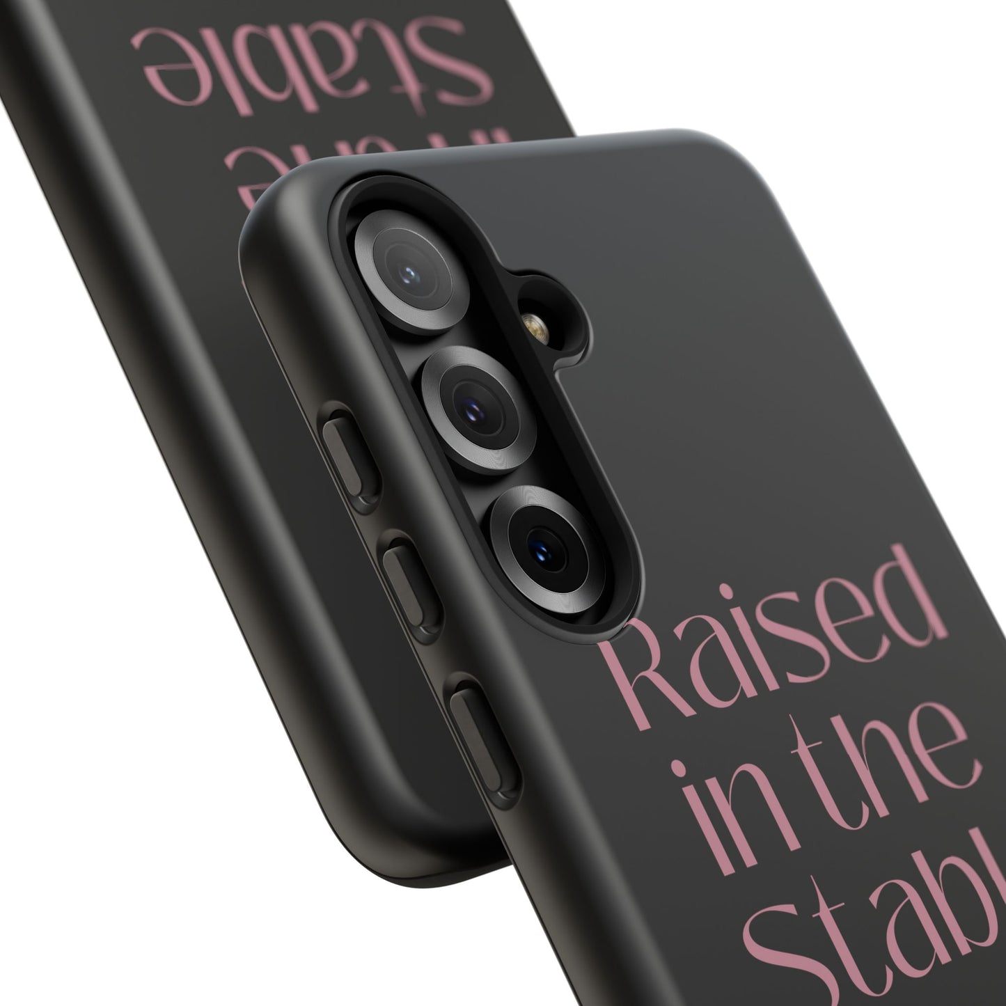 Raised in the Stable Phone Case — Black Protective Tough Case with Pink Script