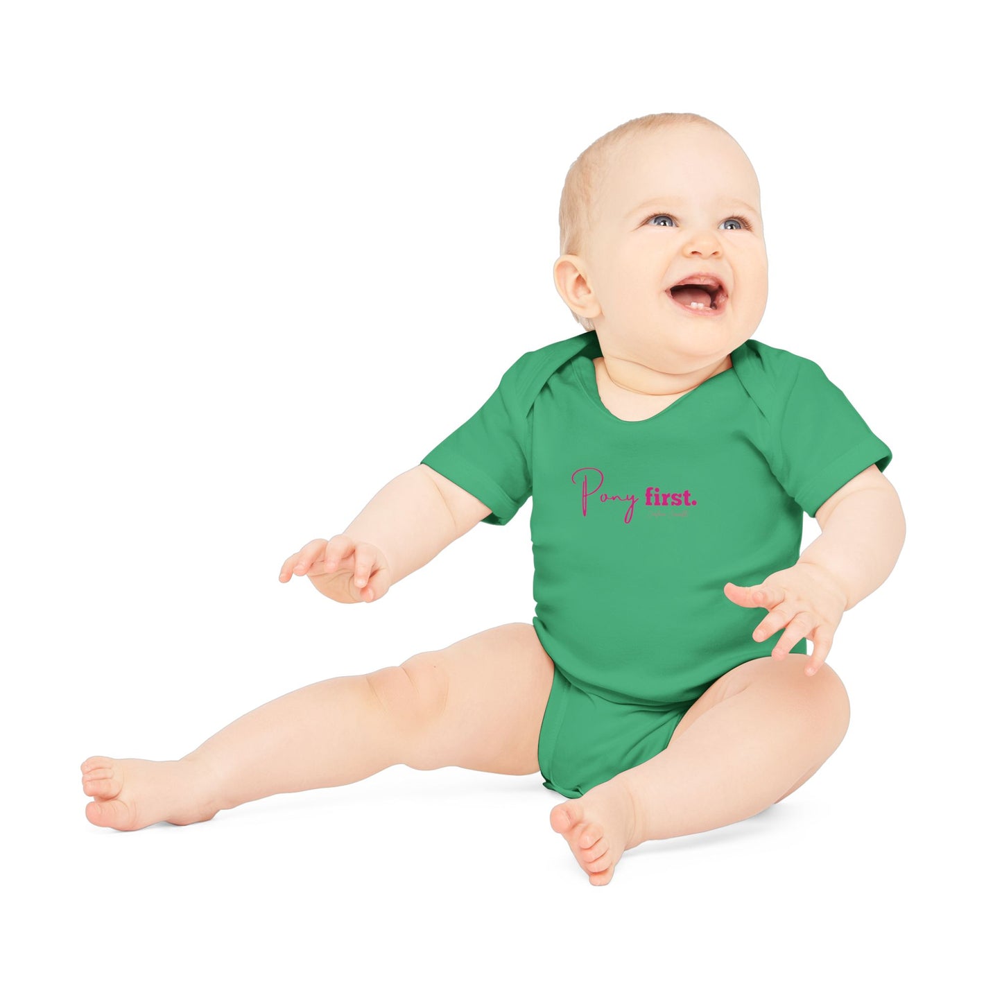 Pony First Baby Body – Pferdeliebe Body | Stall Baby Outfit | Reitsport Geschenkidee