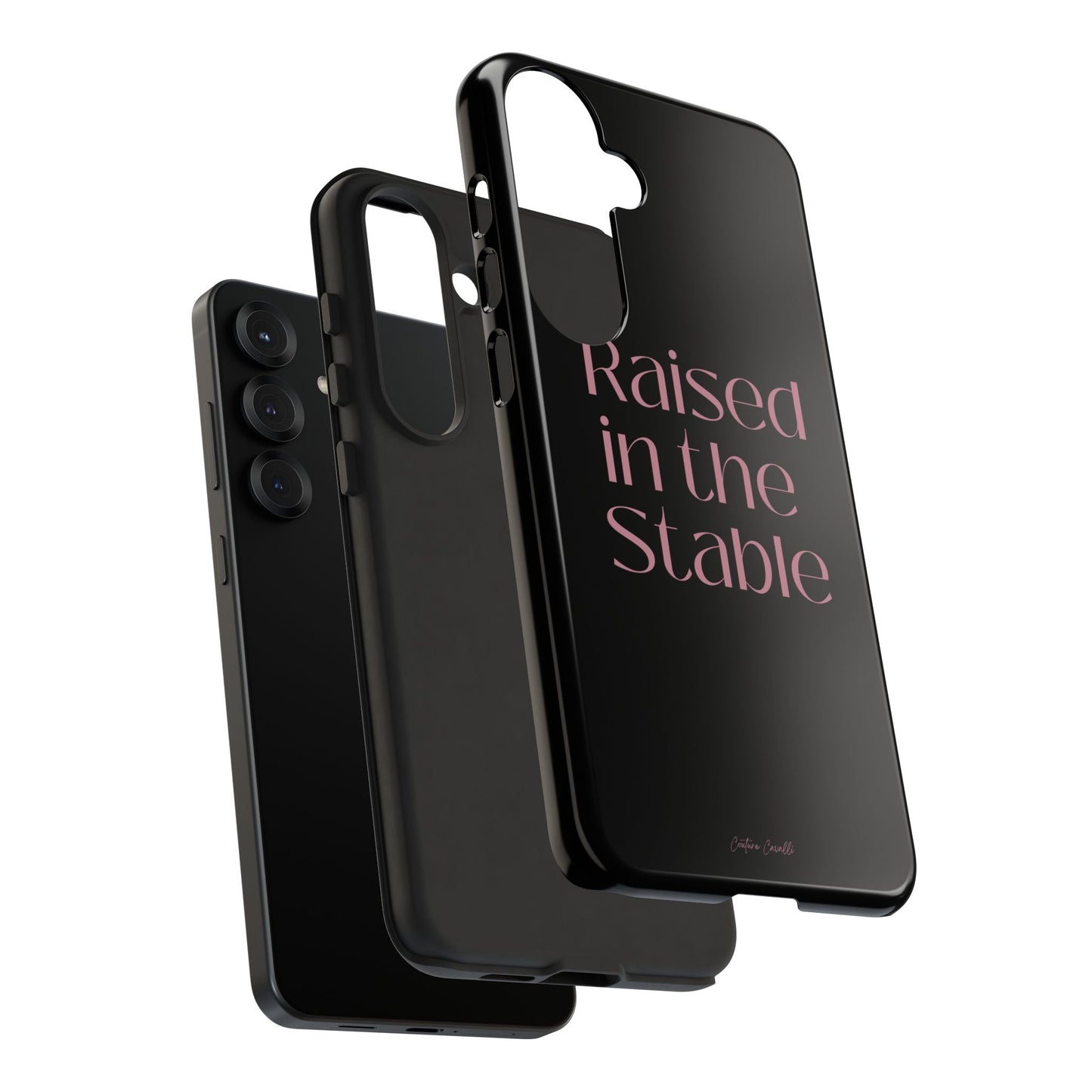 Raised in the Stable Phone Case — Black Protective Tough Case with Pink Script