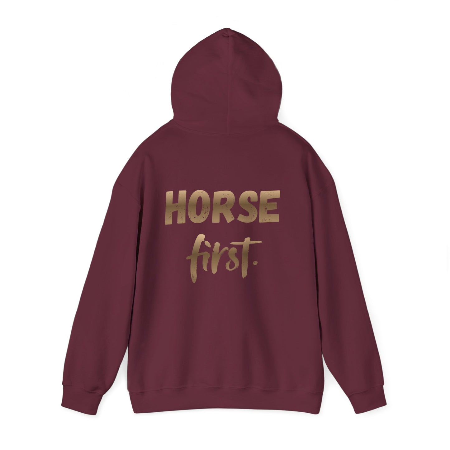 Horse First Hoodie — Equestrian White Pullover with 'Horse First.' Gold Script