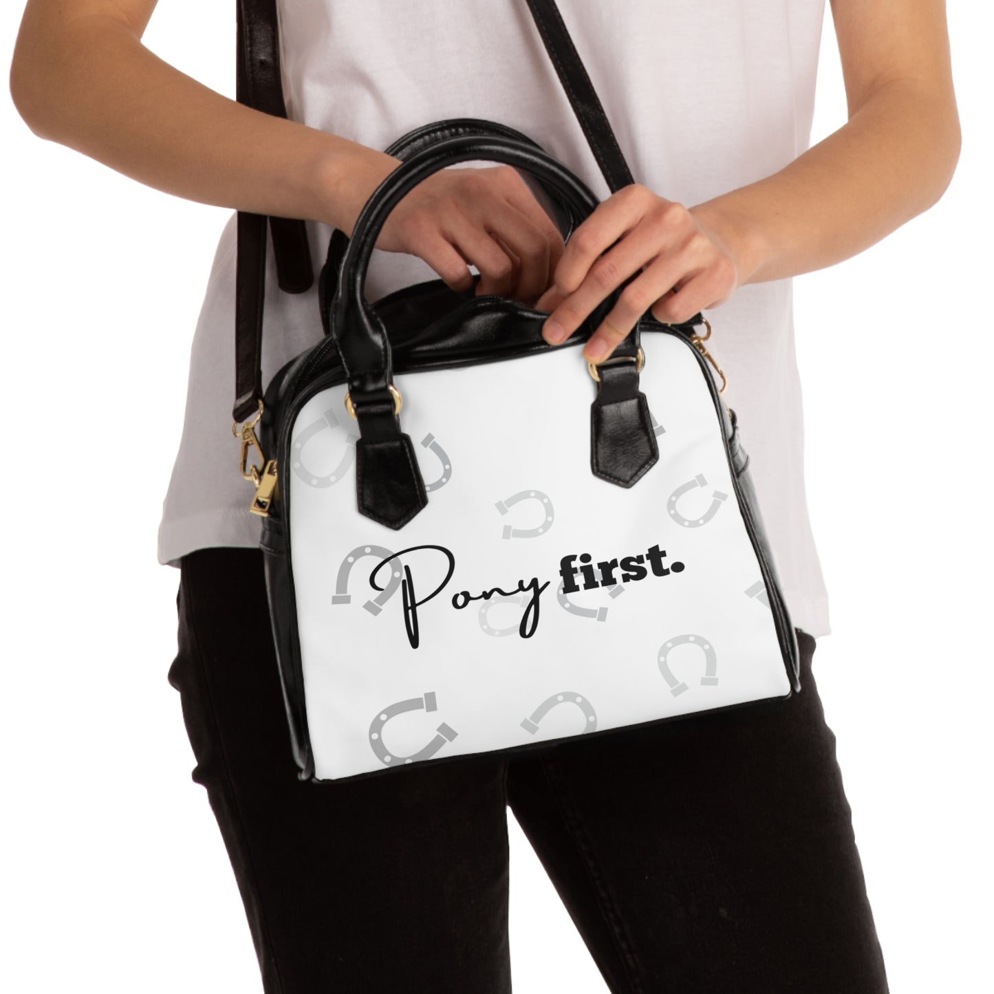Pony First Shoulder Handbag — Equestrian Horseshoe Print Shoulder Bag