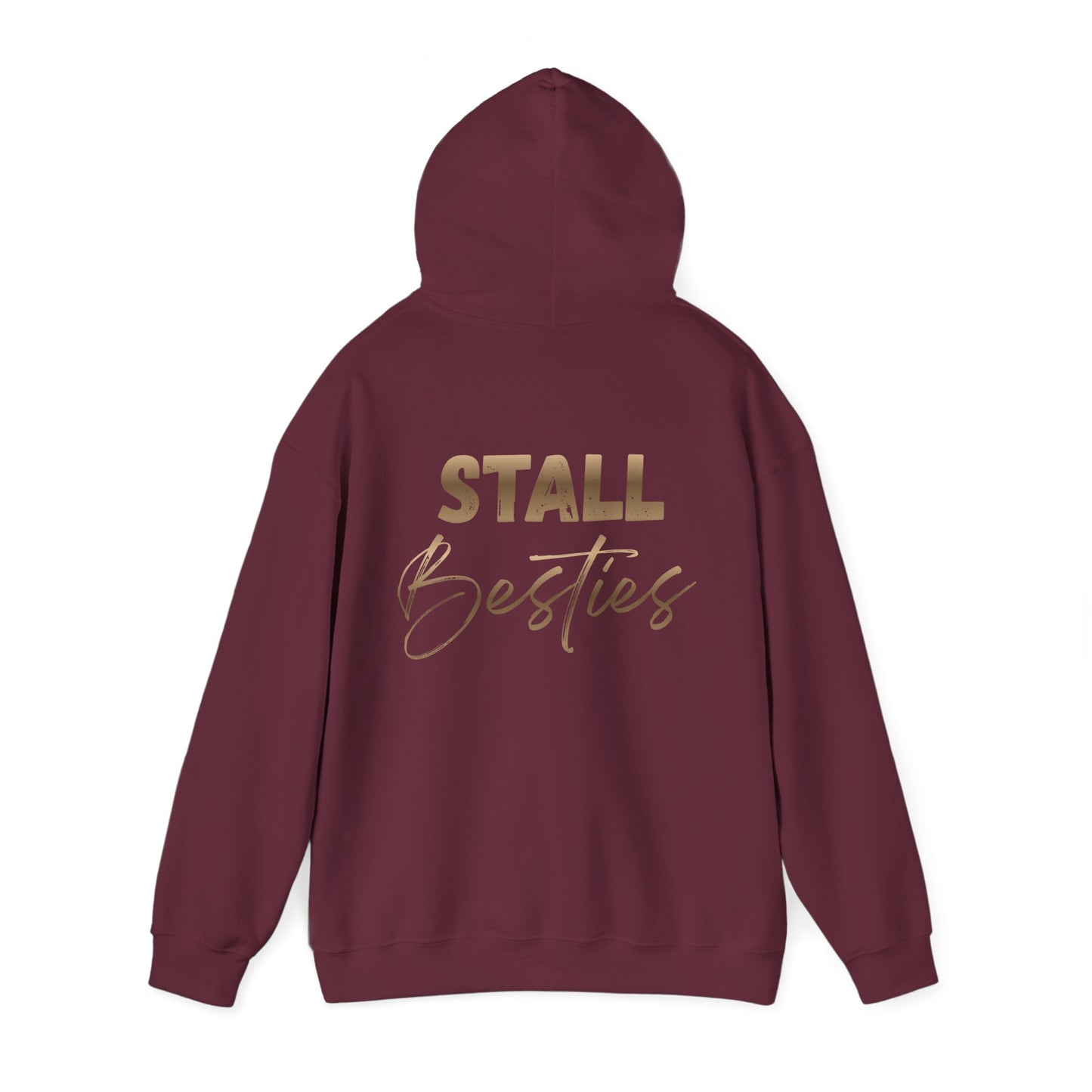 Stall Besties Hoodie — Cozy Friendship Pullover with Gold Script Back Design