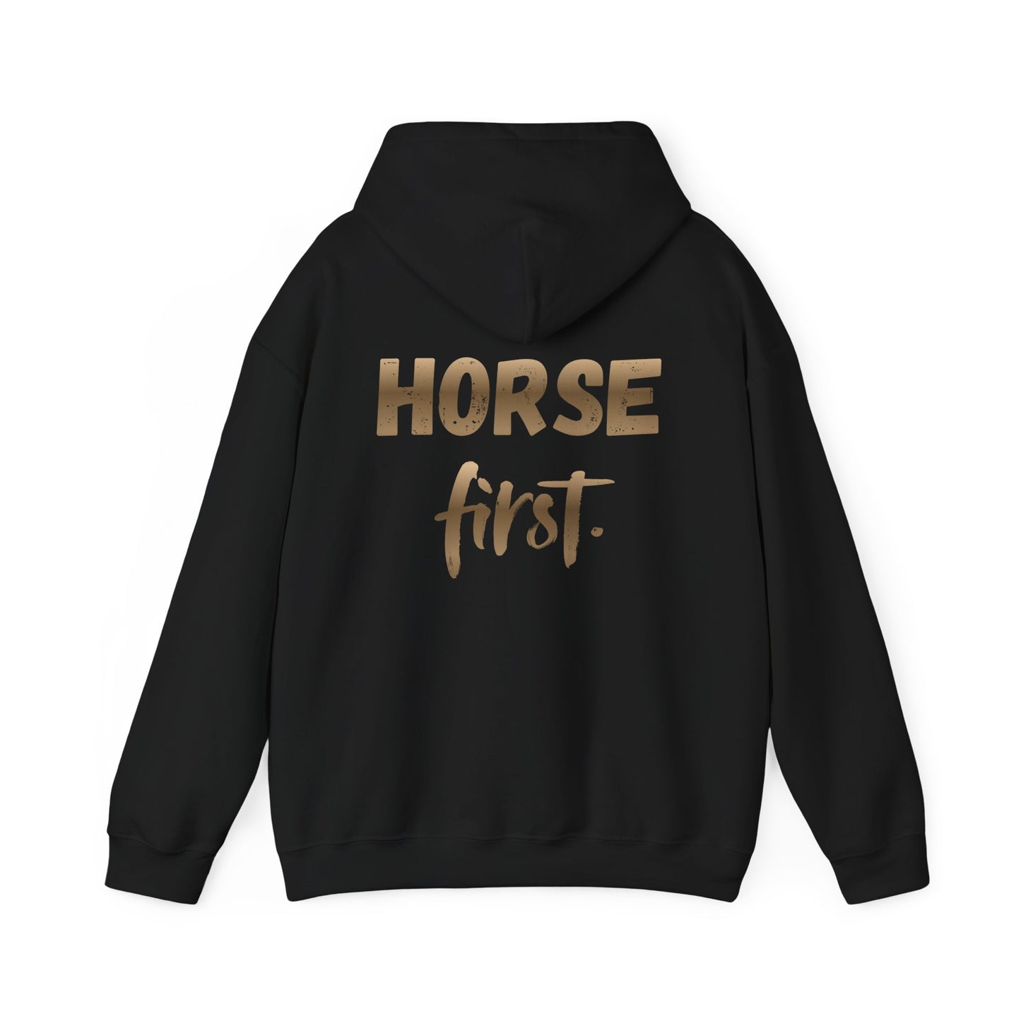 Horse First Hoodie — Equestrian White Pullover with 'Horse First.' Gold Script