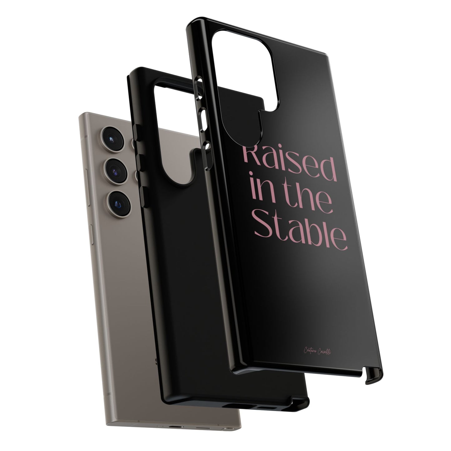 Raised in the Stable Phone Case — Black Protective Tough Case with Pink Script
