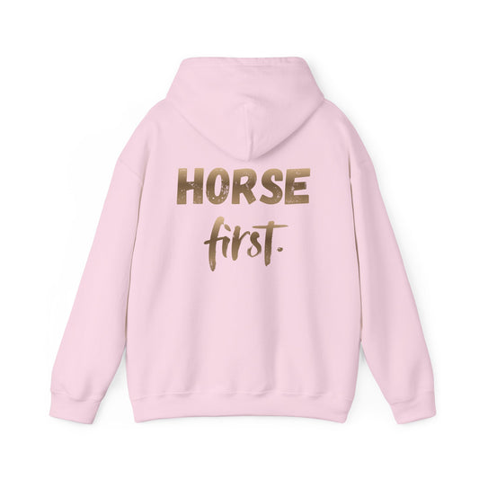 Horse First Hoodie — Equestrian White Pullover with 'Horse First.' Gold Script